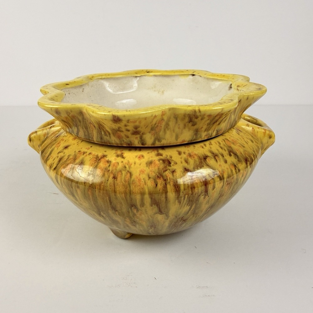 Vintage MCM Yellow Drip Glaze Bulb Planter Hyacinth Bowl Ceramic Retro